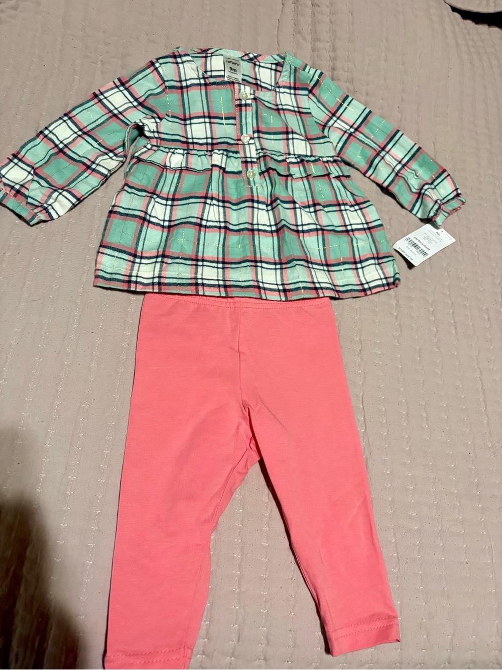 Carter's Mint Plaid Tunic and Coral Leggings Set